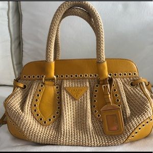Prada leather trimmed raffia tote